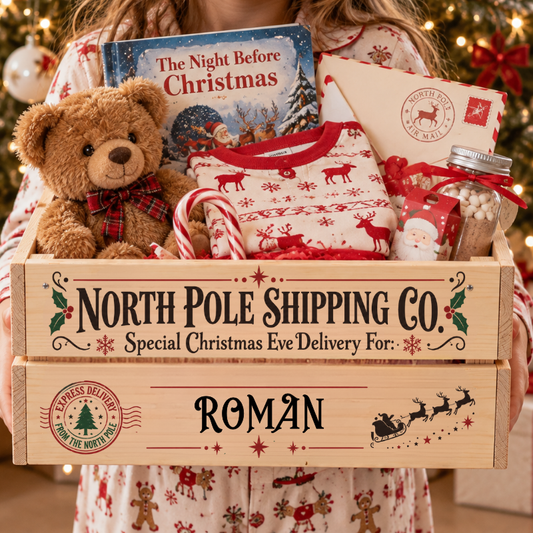 A personalized wooden gift box labeled 'NORTH POLE SHIPPING Co' and 'ROMAN' filled with Christmas-themed items including a teddy bear, a book, candy canes, a folded sweater, an envelope, and a jar of marshmallows, held by a person in holiday pajamas in front of a decorated Christmas tree.