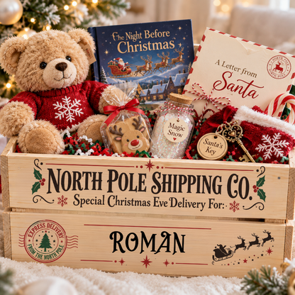 A personalized wooden crate gift box labeled 'North Pole Shipping Co.' filled with Christmas treats and toys, including a teddy bear in a red sweater, a book, a letter from Santa, candy canes, a bottle of magic snow, and Santa keys, set on a soft white surface with a blurred festive background.