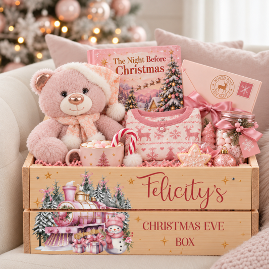 A Christmas Eve gift box set labeled 'Felicity's Christmas Eve Box' in a wooden crate, filled with a pink teddy bear, pink patterned baby clothes, a book titled 'The Night Before Christmas', a mug of marshmallows, candy canes, ornaments, and a card, arranged on a sofa with a blurred Christmas tree in the background.