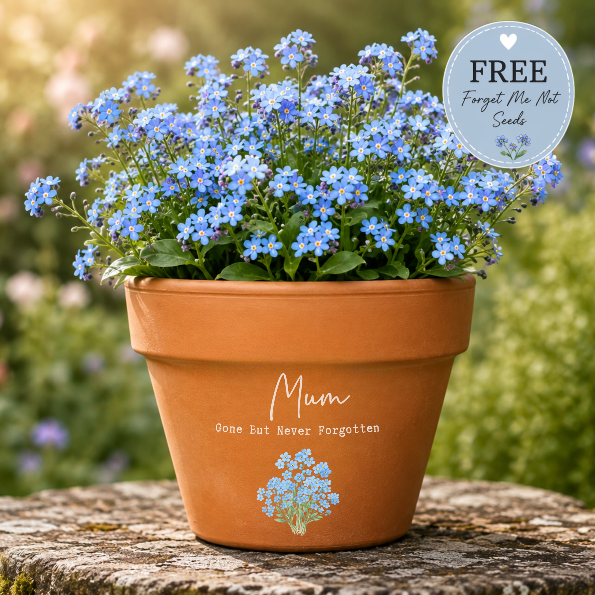 Terracotta pot with blue flowers and 'Mum Gone But Never Forgotten' text, set against a blurred garden background.