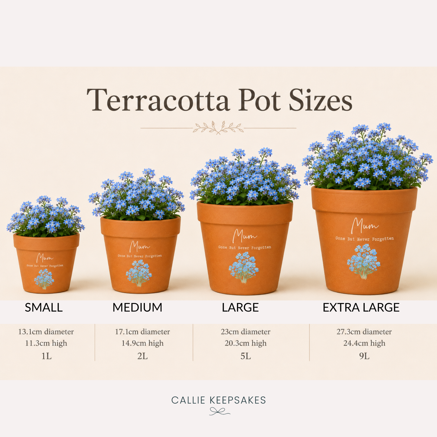 Terracotta pot sizes with plants and Callie Keepsakes branding on a beige background
