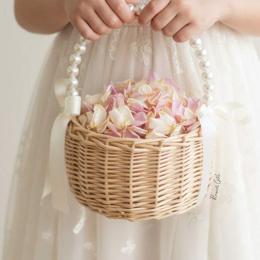 Flower girl wicker basket with pearl handle and ivory bows by Callie Keepsakes