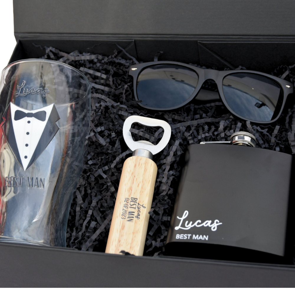 • Personalised Groomsman Gift Box Set with Pint Glass and Hip Flask

