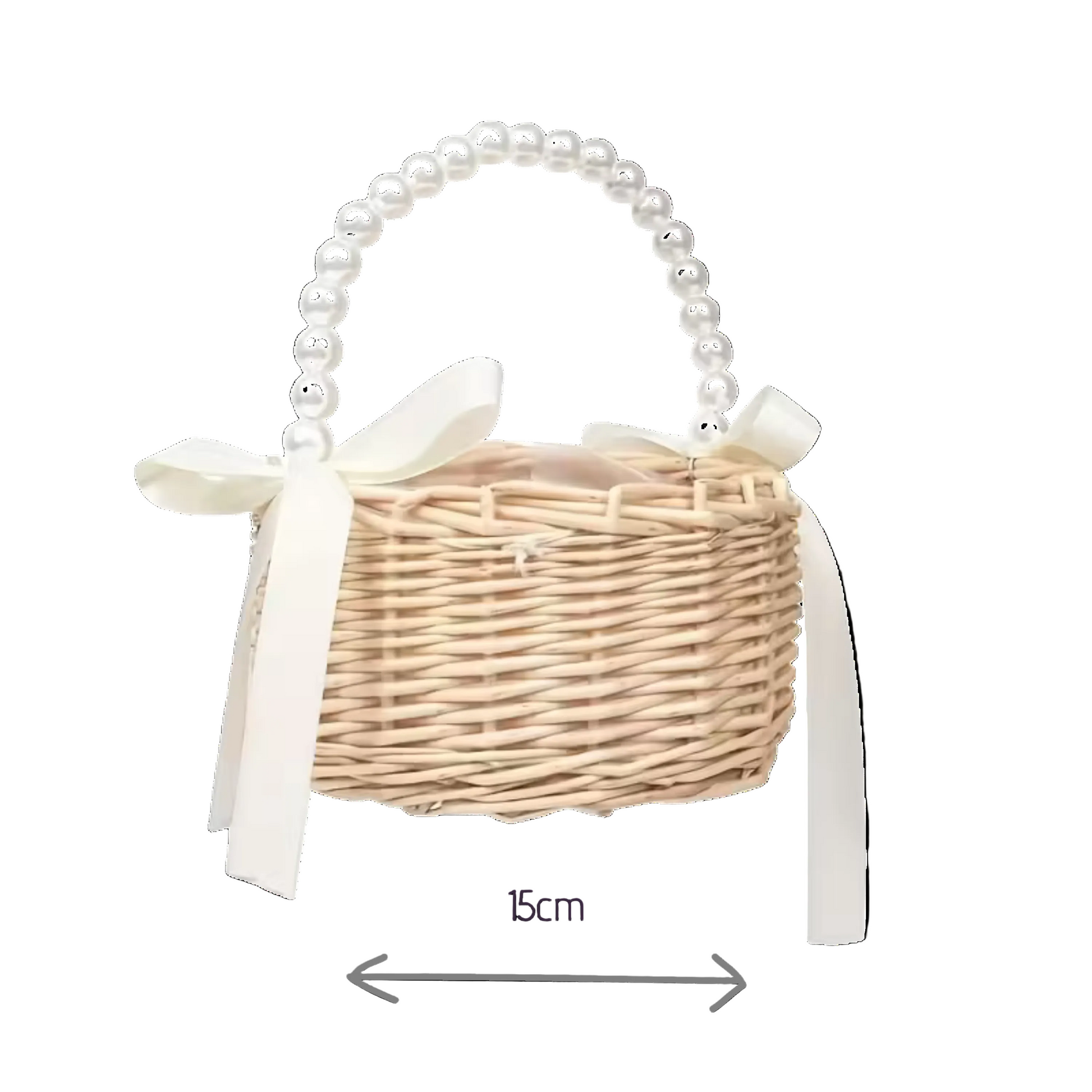 Wicker basket with pearl handle and white ribbon, shown with measurements on a white background