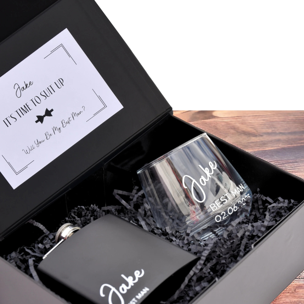 Personalised groomsman proposal gift box with hip flask and whisky glass
