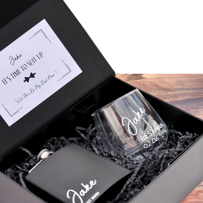 Personalised groomsman proposal gift box with hip flask and whisky glass

