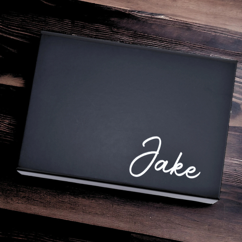 Black luxury magnetic gift box with personalised name

