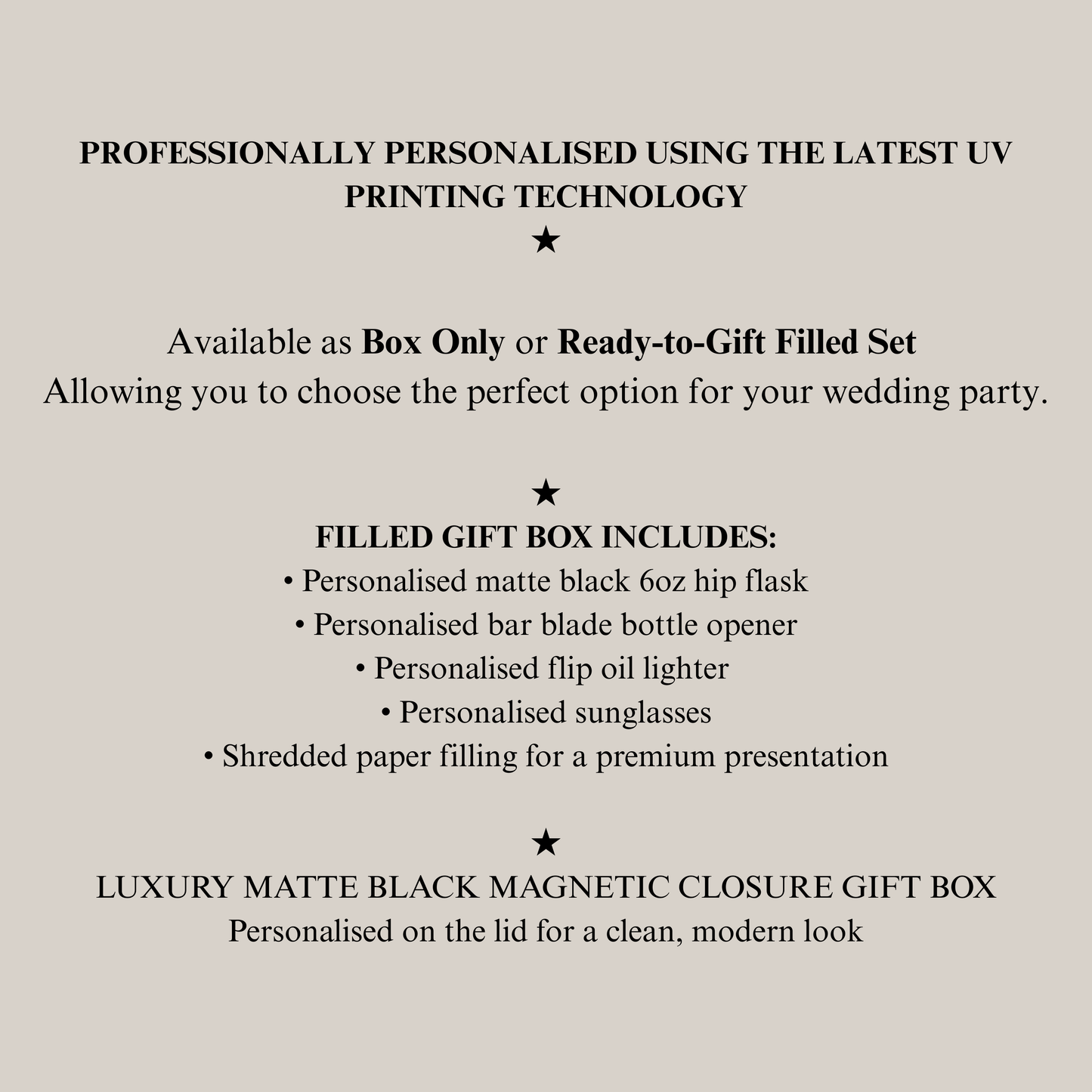 Promotional text about a personalised best man or groomsman gift set with UV printing technology on a beige background.