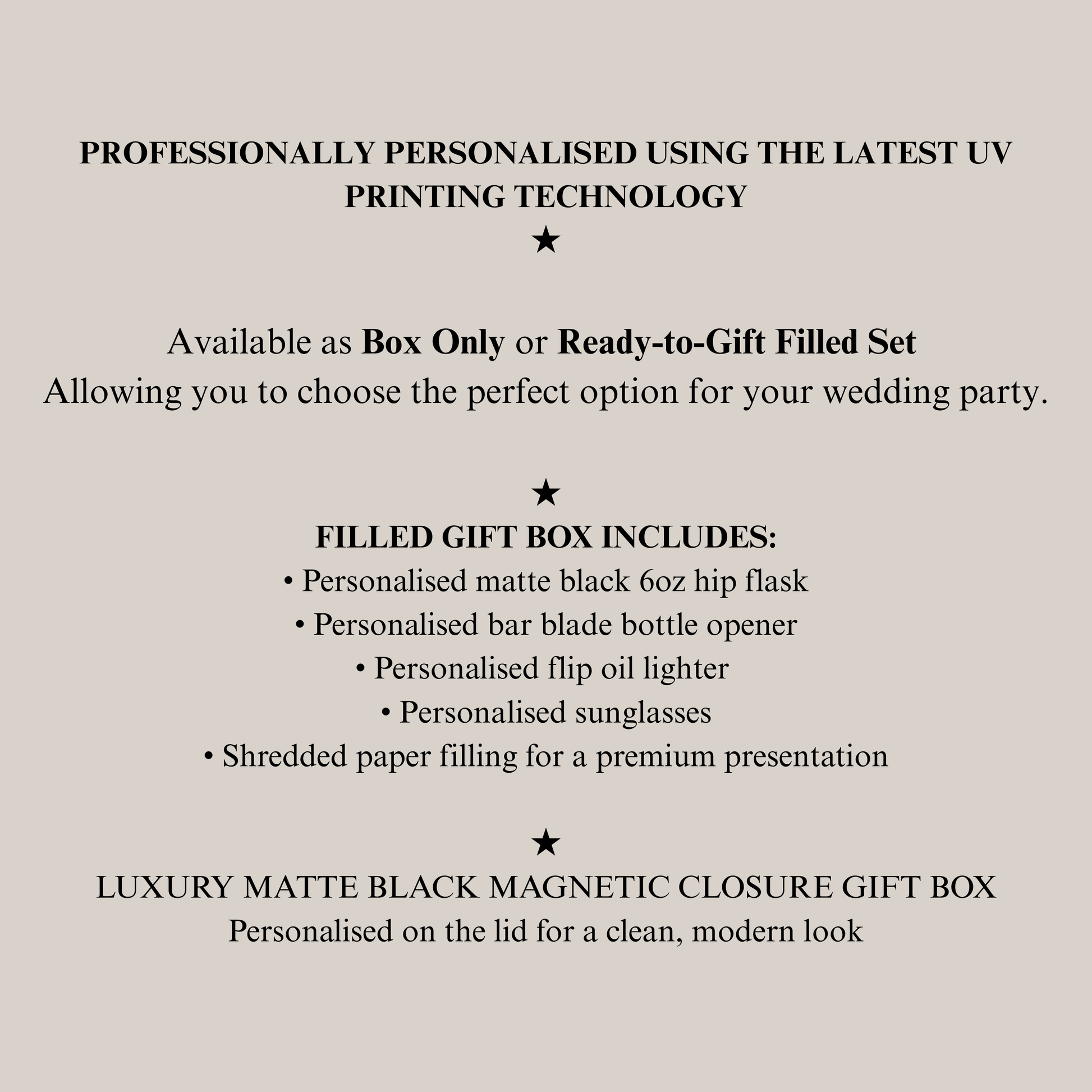 Promotional text about a personalised best man or groomsman gift set with UV printing technology on a beige background.