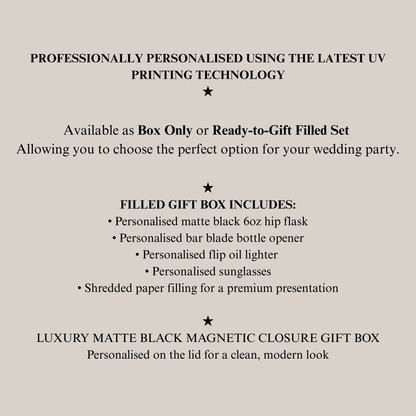 Promotional text about a personalised best man or groomsman gift set with UV printing technology on a beige background.