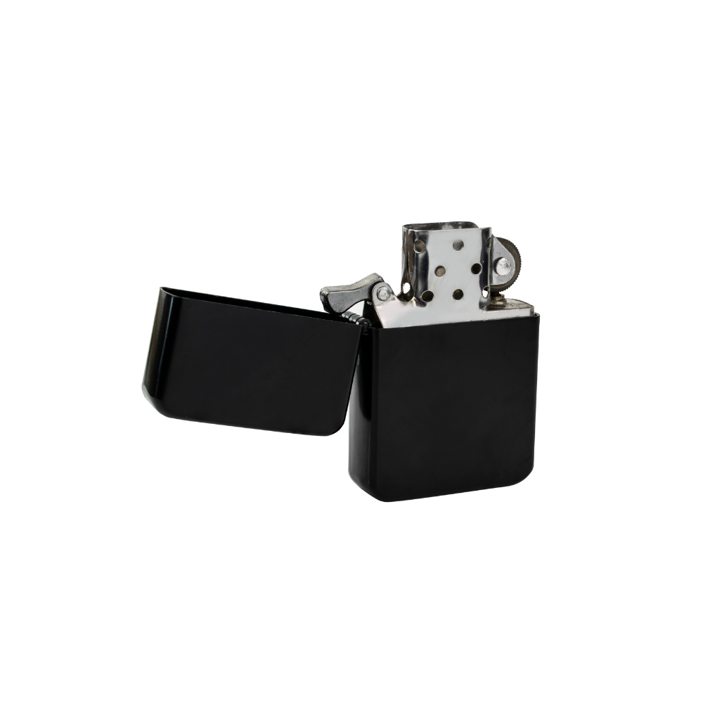 Black lighter with a metallic top on a white background