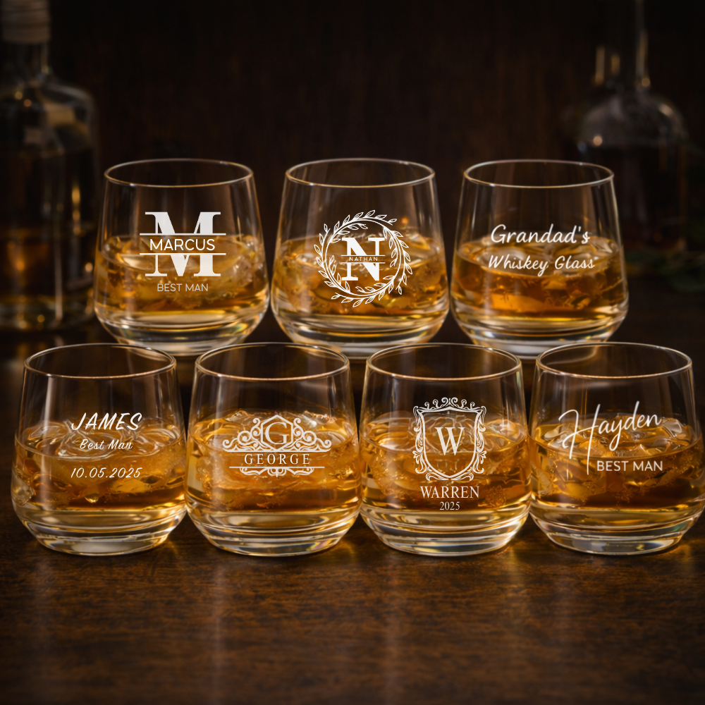 7 filled whiskey glasses with printed monogram and lettering for best man and groosman gifts on dark wooden bar themed background