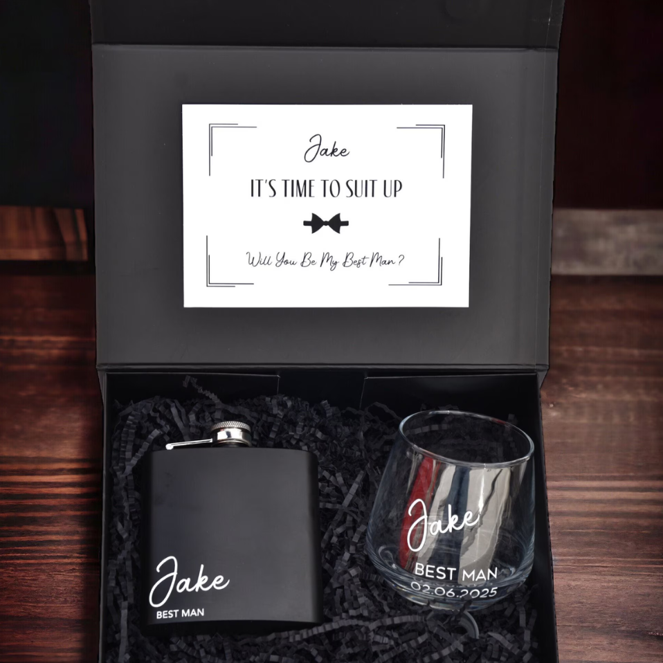 Groomsman whisky glass and printed hip flask gift set
