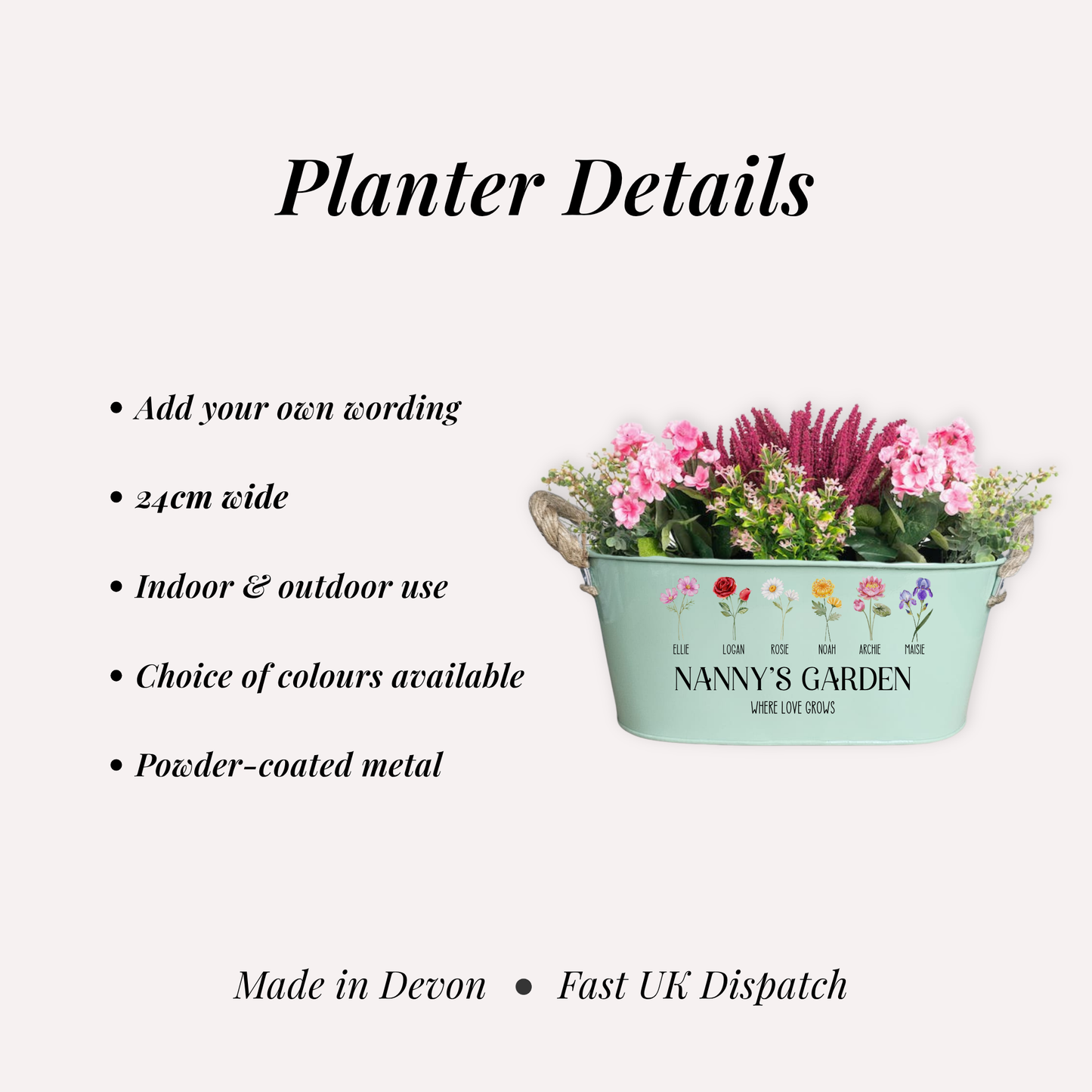 Personalised Birth Flower Planter – Family Garden Gift, Custom Name Plant Pot