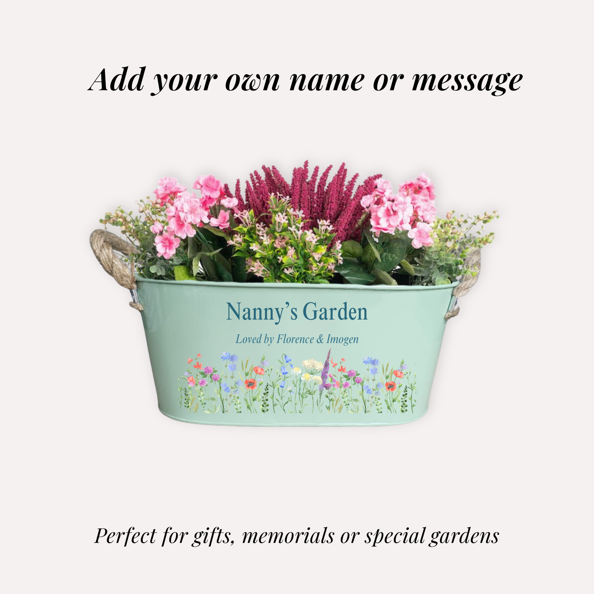 Decorative garden planter with flowers and text 'Nanny's Garden' on a white background